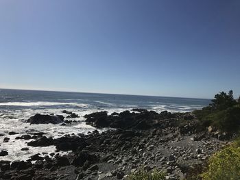 Scenic view of beach against clear blue sky