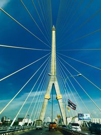 View of suspension bridge against blue sky