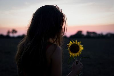 Rear view of woman holding sunflower against sky during sunset