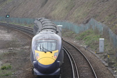 High angle view of train on railroad track