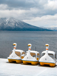 Scenic view of lake by mountains against sky