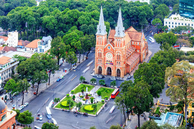 High angle view of people on road