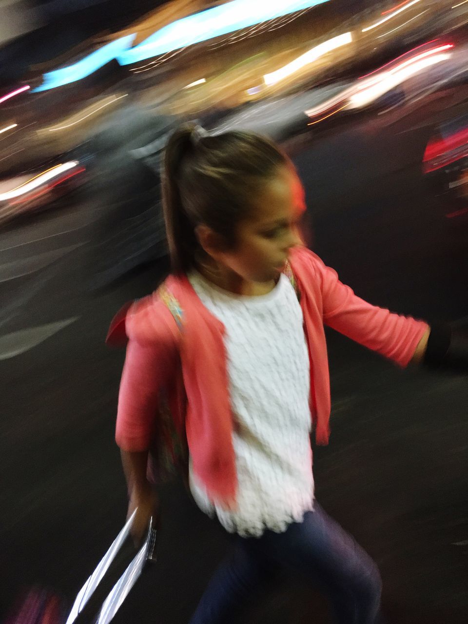 blurred motion, motion, on the move, illuminated, long exposure, casual clothing, night, red, young adult, nightlife