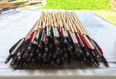 High angle view of umbrellas on table