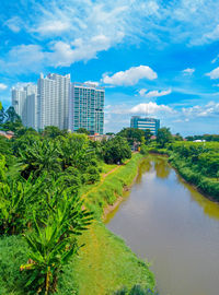 Scenic view of modern buildings in city against sky