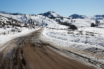 Panoramic view of snowcapped mountains against clear sky