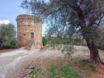 Old building by trees on field against sky