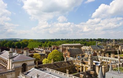 High angle view of houses against cloudy sky
