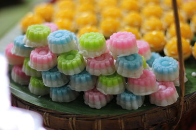 Close-up of multi colored candies in basket