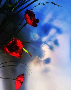 Low angle view of red flowers against sky