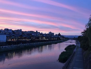 View of city at waterfront during sunset