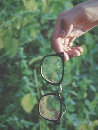Close-up of hand holding eyeglasses against plants
