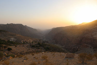 Landscape view of valley in dana natural reserve at sunset, jordan