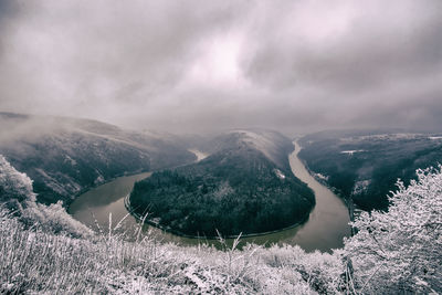 Scenic view of mountains against sky during winter