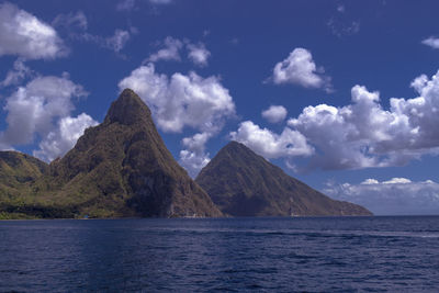 Scenic view of sea and mountains against sky