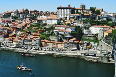 High angle view of river amidst buildings in city