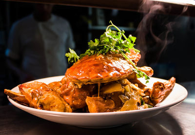 Close-up of seafood in plate on table