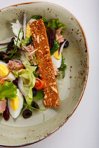 High angle view of salad in plate on table