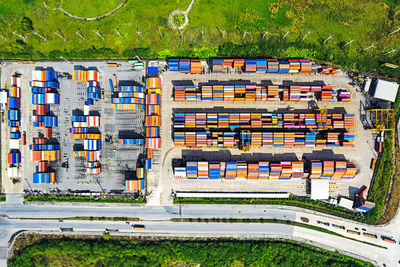 Container loading and unloading port, aerial view of business logistic 