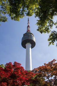 Low angle view of tower and trees against sky