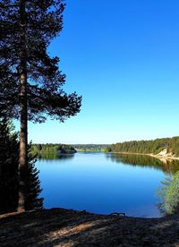 Scenic view of lake against clear blue sky