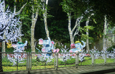 View of birds by plants against trees