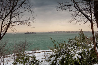 Scenic view of frozen lake against sky during winter