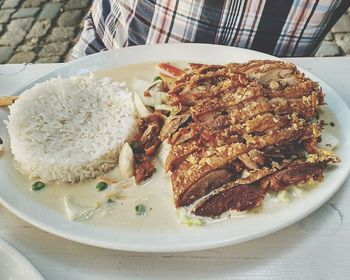 High angle view of food in plate on table