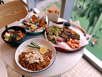 High angle view of food in plate on table