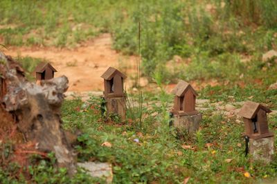 High angle view of birdhouse on field against trees