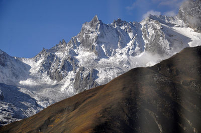 Scenic view of rocky mountains against clear blue sky