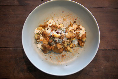 High angle view of breakfast served on table
