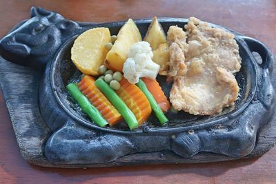 High angle view of food in plate on table