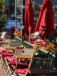 Red chairs and table in restaurant