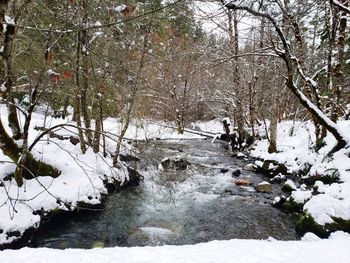 View of stream flowing through snow covered land