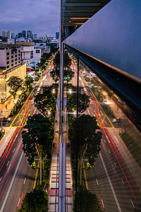 High angle view of light trails on city street