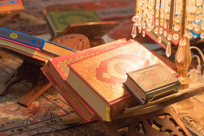 High angle view of books on table