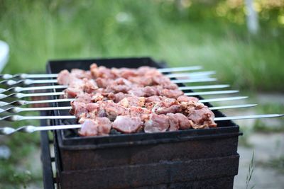 Close-up of meat on barbecue grill