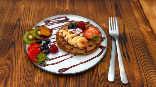 High angle view of breakfast on table