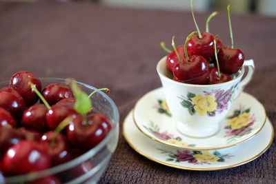 Close-up of strawberries in plate on table