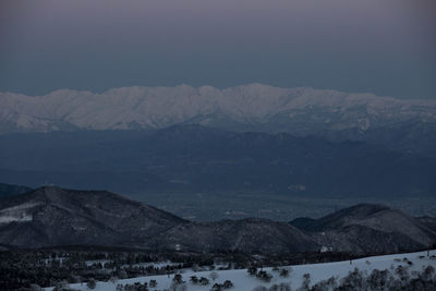 Scenic view of snowcapped mountains against sky at night