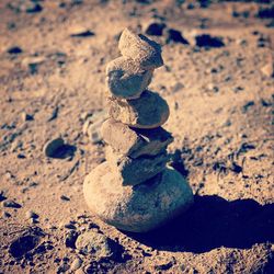 Close-up of stone stack on rock