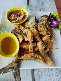 High angle view of breakfast served on table