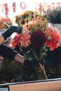 Close-up of hand holding flower bouquet