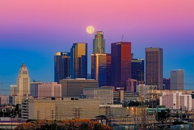 Modern skyscrapers in city against clear sky at dusk