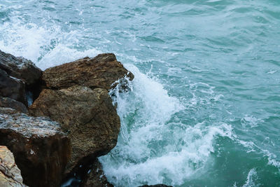 High angle view of rocks on beach