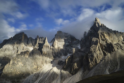 Low angle view of rocky mountains against sky