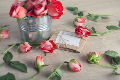 High angle view of rose bouquet on table