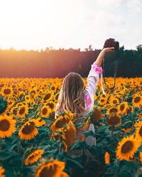 Rear view of woman on sunflower field against sky during sunset