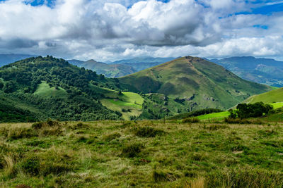 Scenic view of landscape and mountains against sky